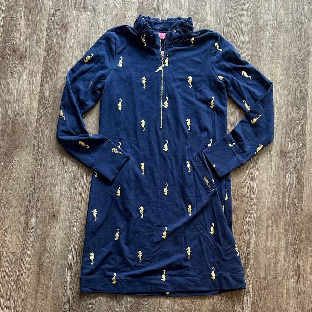 NWT Lilly Pulitzer Skipper Ruffle Dress Navy Seahorse Small UPF 50‎ Preppy